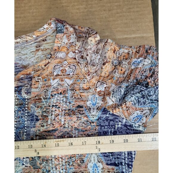 ONE WORLD Women's XL Rhinesonte Burnout Boho Blouse Top Roll Tab Sleeves NWT - Picture 8 of 10